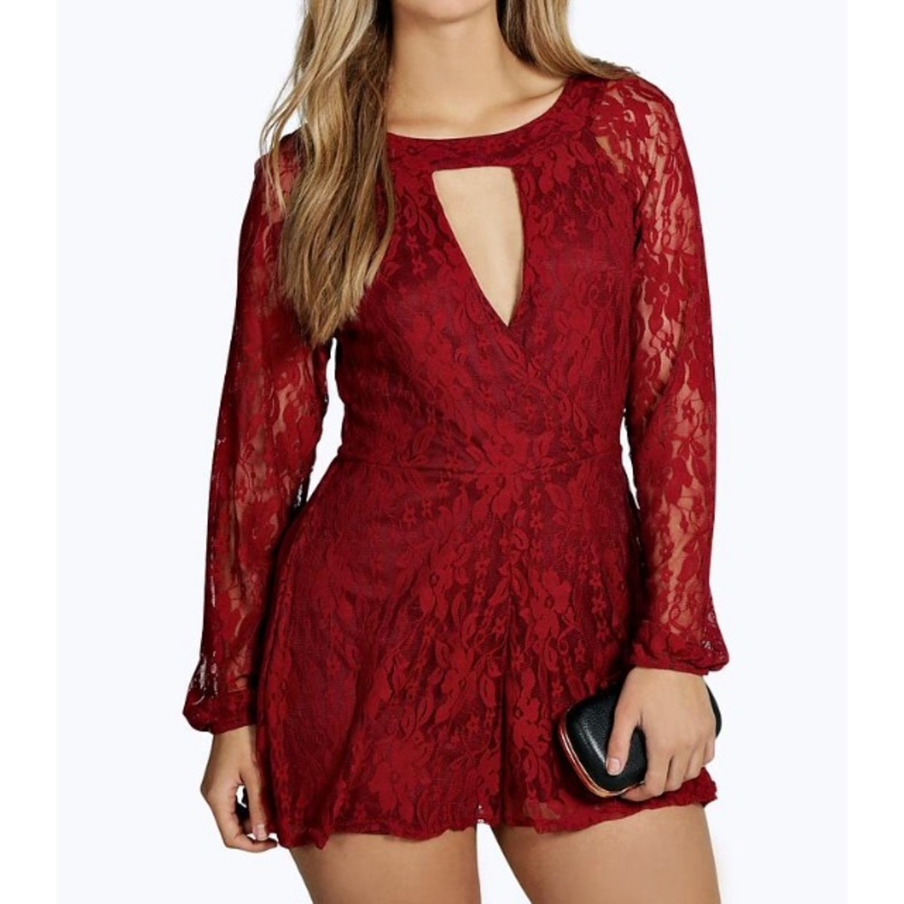Boohoo Maroon Lace Romper